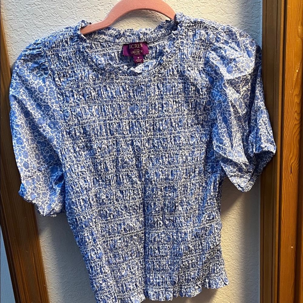 J. Crew Women’s  Blue and White Floral Smocked Liberty fabrics Blouse